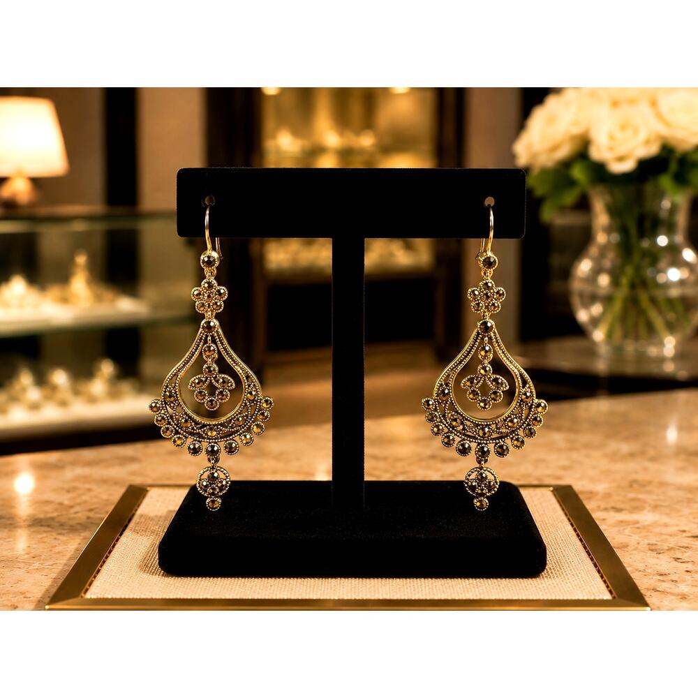 Vintage Monet Gold Tone Marcasite Style Chandelier Dangle Earrings Signed Monet